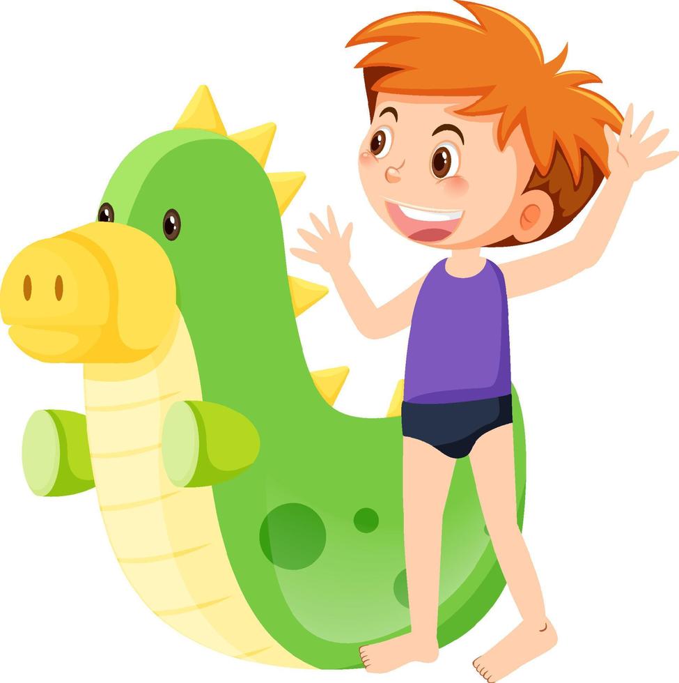 menino em trajes de banho ao lado de dinossauro inflável vetor