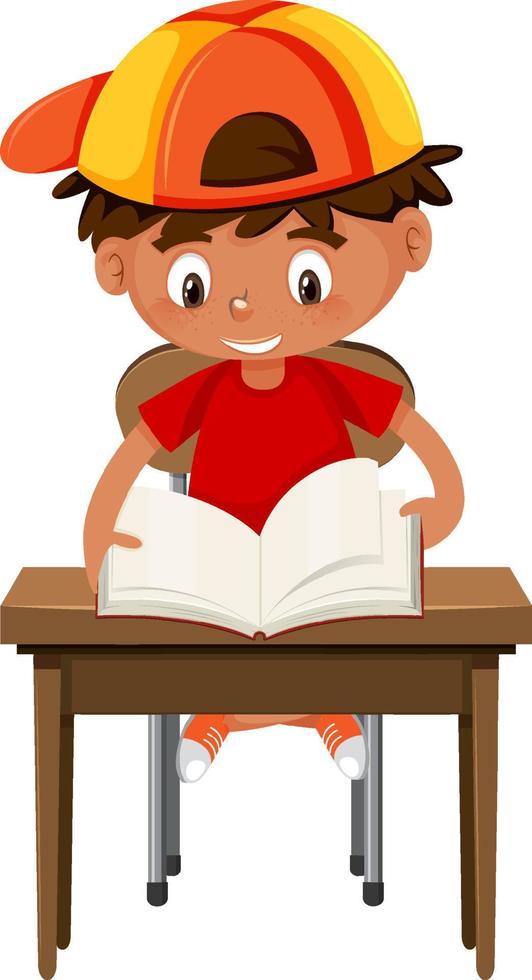 menino lendo livro na mesa da escola vetor