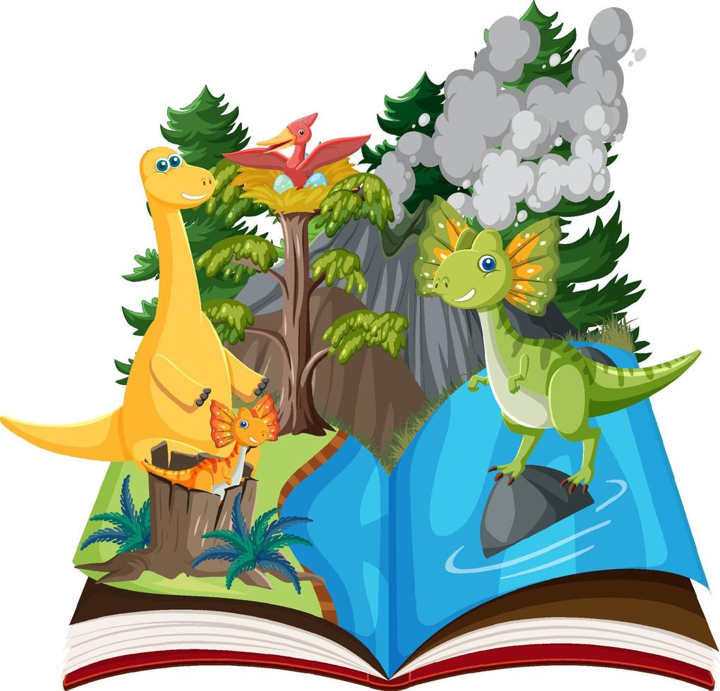 livro aberto com dinossauro na floresta pré-histórica vetor