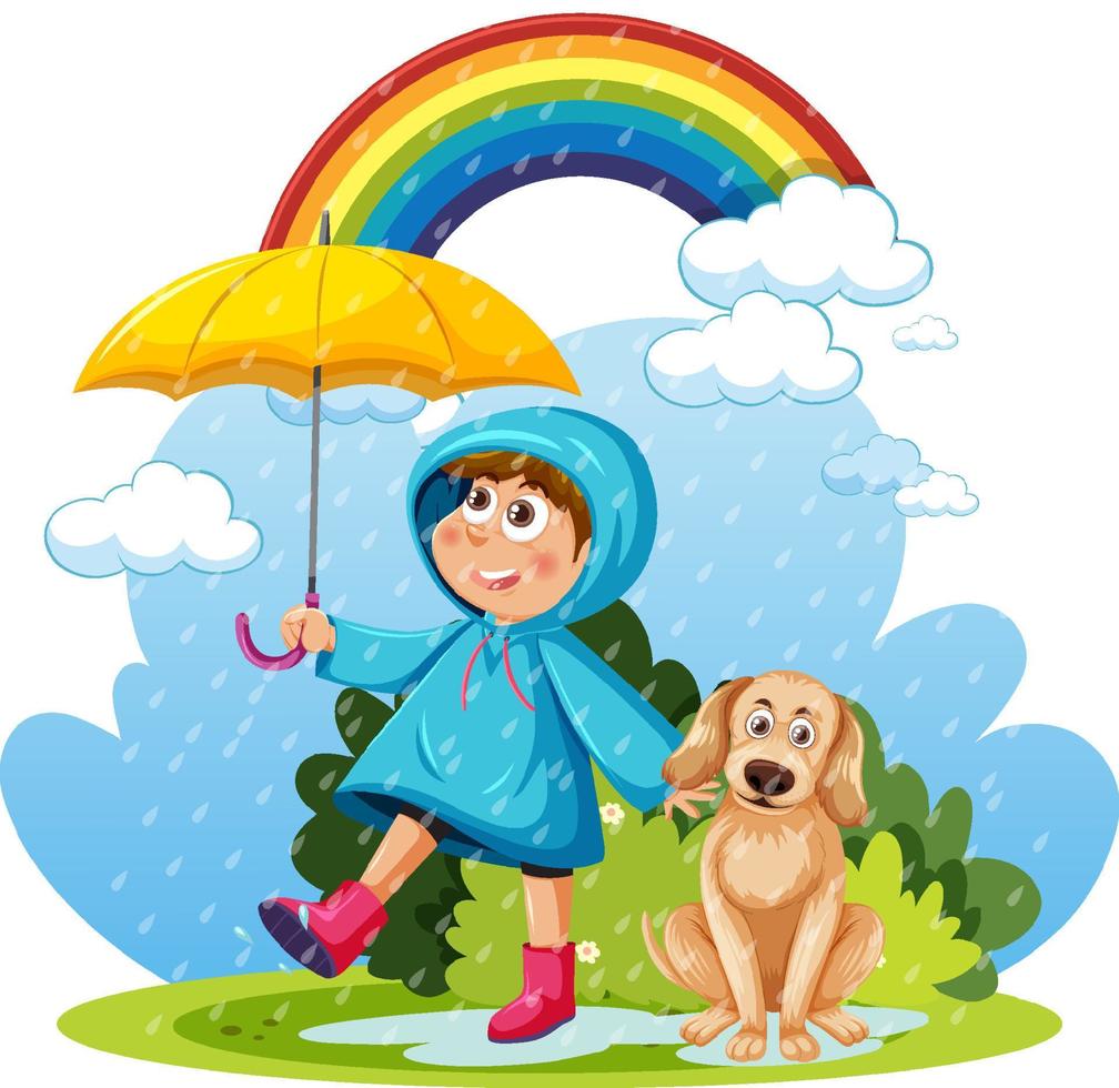 dia chuvoso com uma garota de capa de chuva e um cachorro vetor