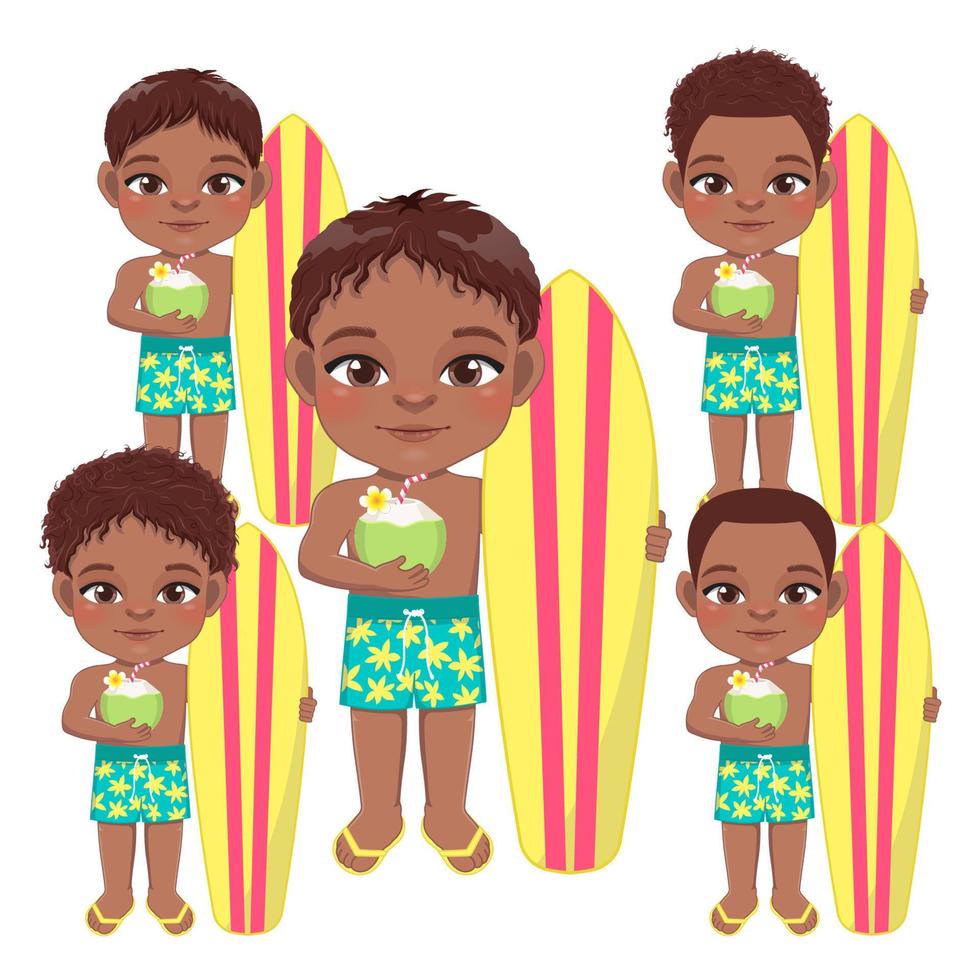menino negro de praia nas férias de verão. crianças africanas americanas segurando a prancha de surf e suco de coco vetor de design de personagem de desenho animado