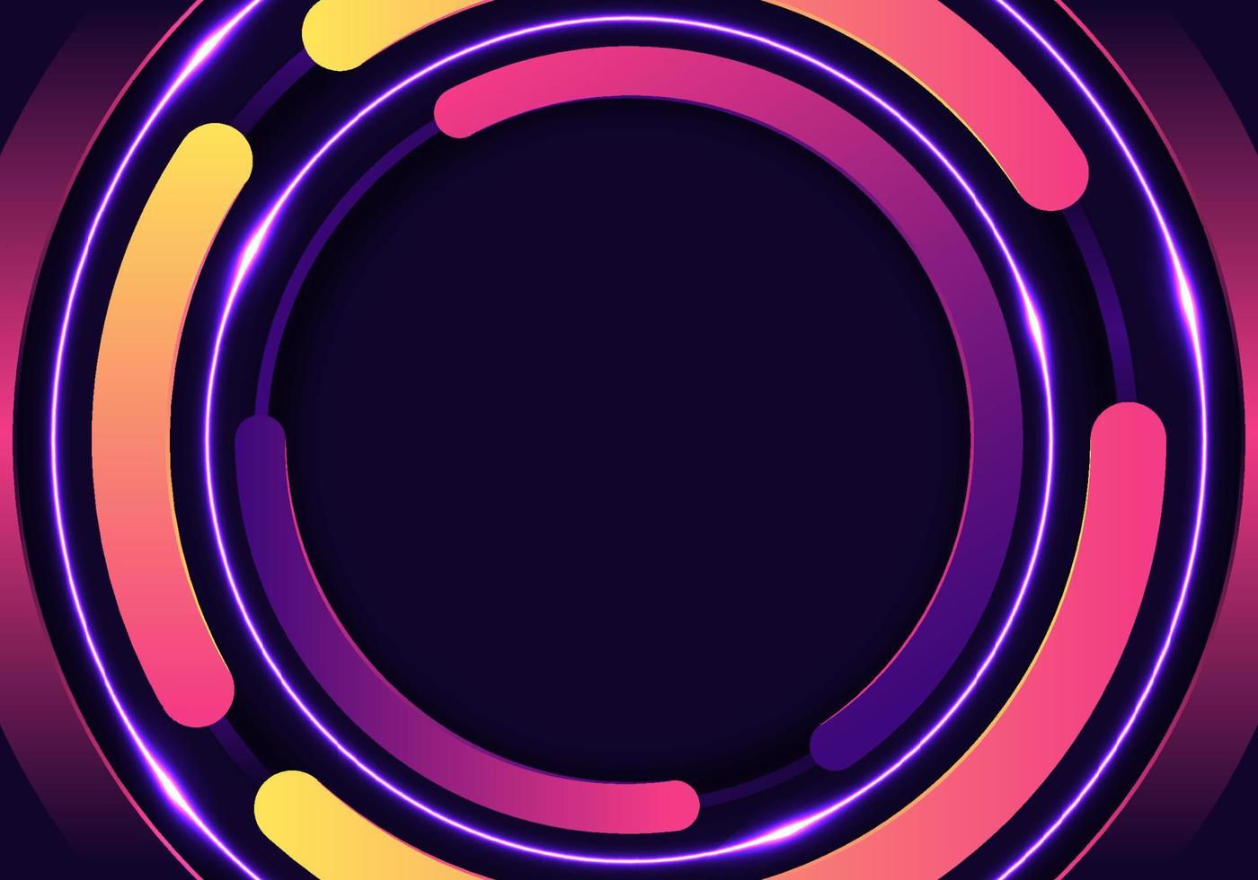 3d círculos de cores brilhantes padrão arredondado com decoração de iluminação neon brilhante em fundo preto vetor