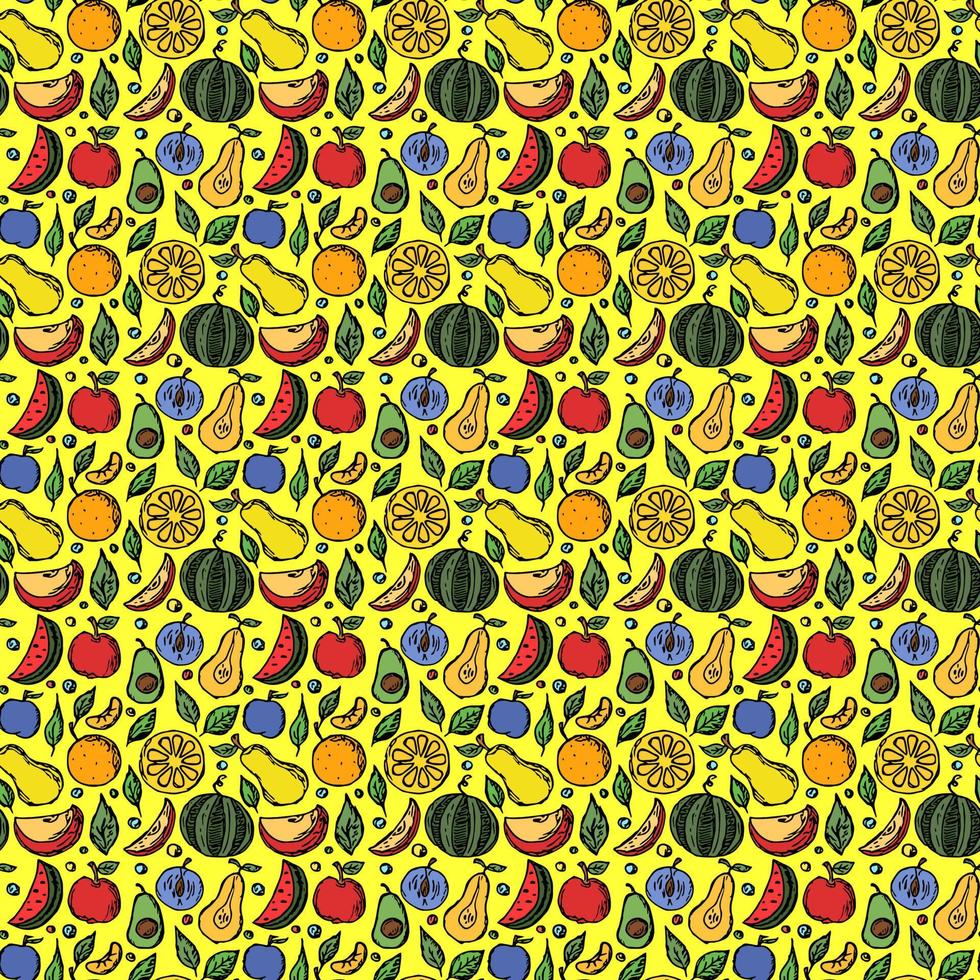 fundo de doodle colorido padrão de frutas sem costura com fundo de frutas de ícones de frutas vetor