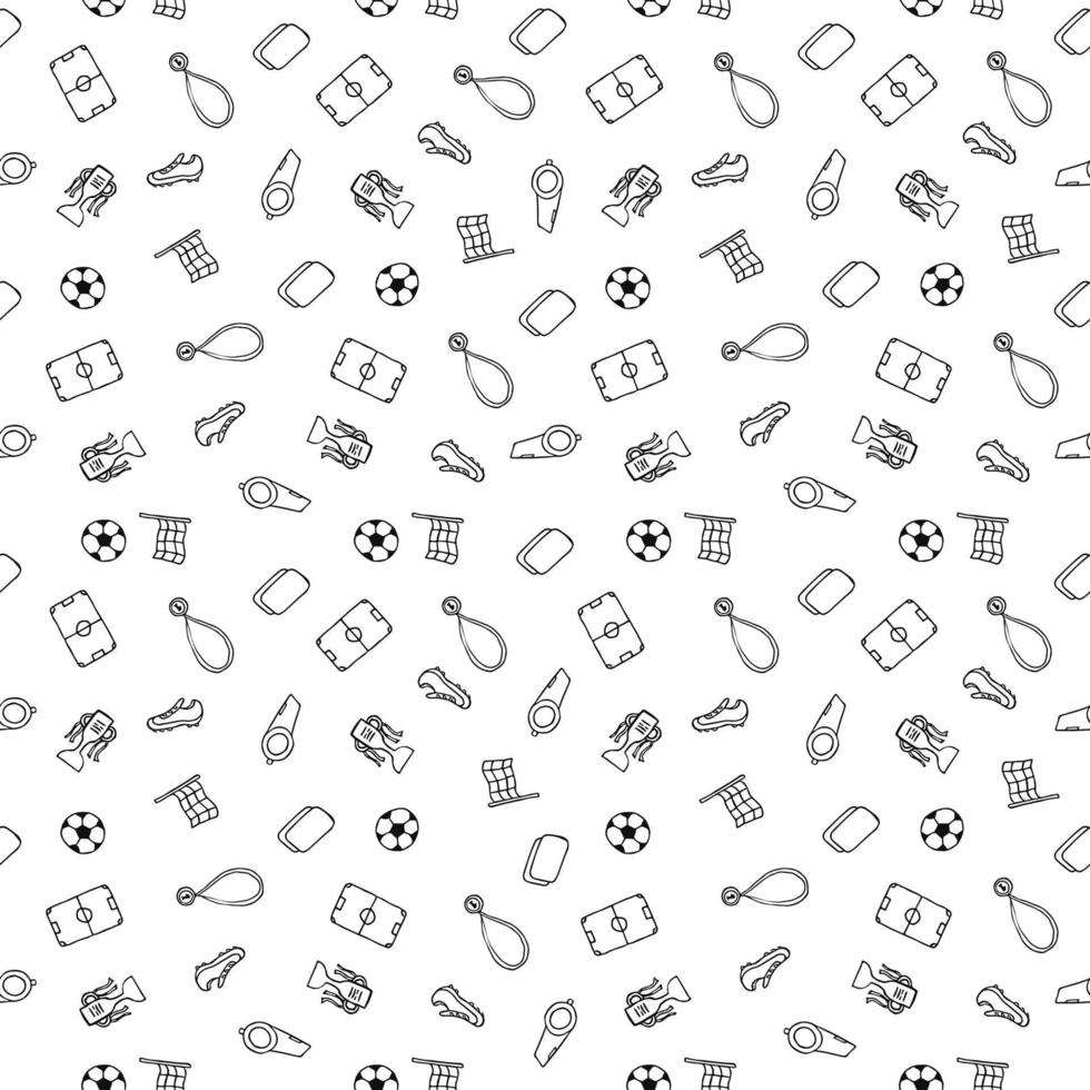 padrão de futebol sem costura. doodle ilustração de futebol com uma bola de futebol, copa do campeonato, sapatos, campo de futebol vetor