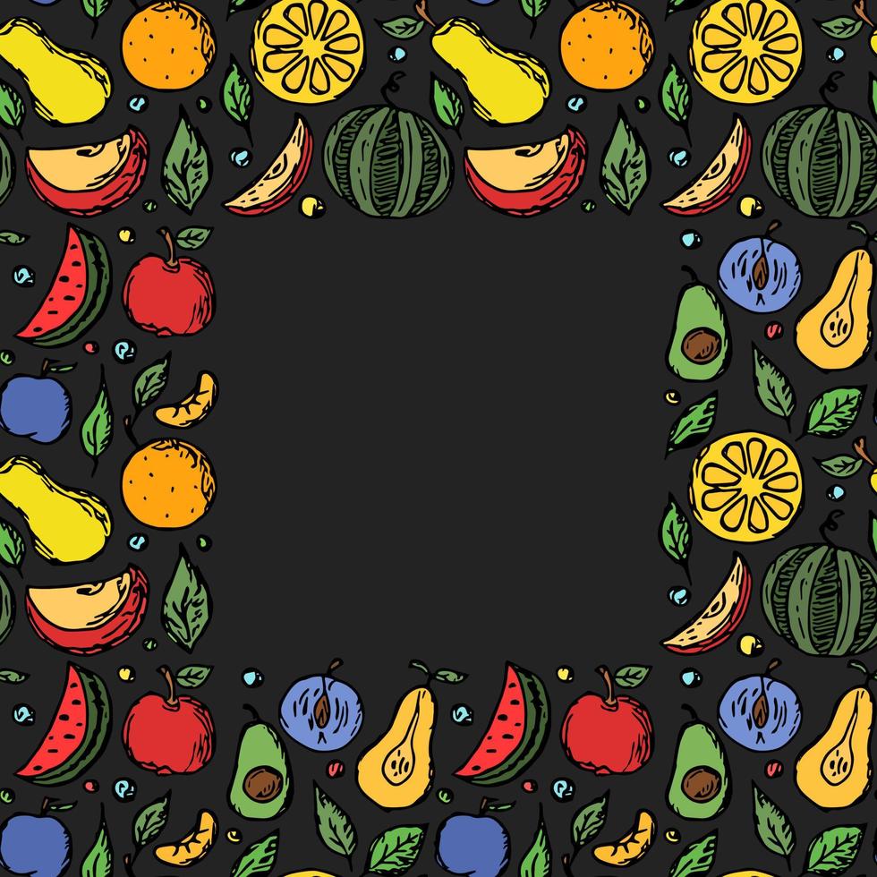 quadro de frutas. padrão de frutas sem costura com lugar para texto. ilustração colorida de doodle com fundo de frutas de ícones de frutas vetor