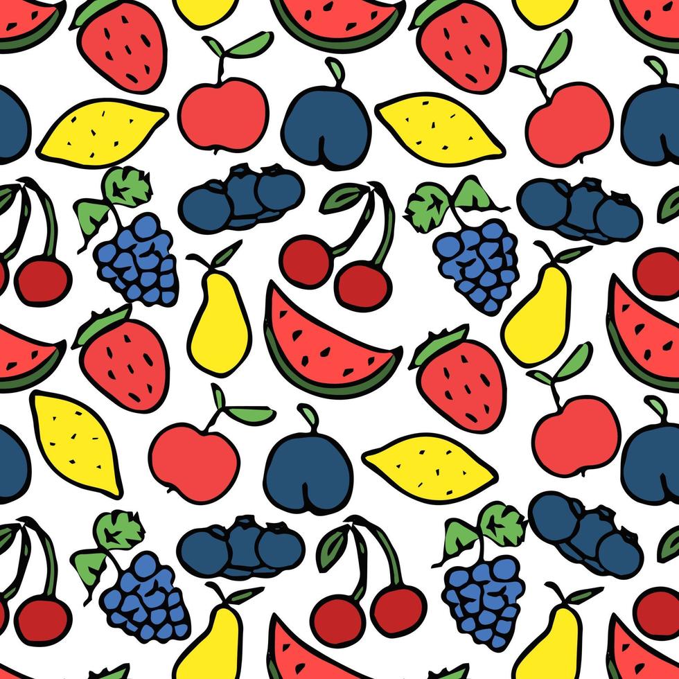 padrão sem emenda com ícones de frutas. padrão de frutas coloridas doodle. fundo de comida vetor