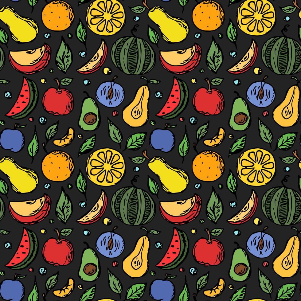 fundo de doodle colorido padrão de frutas sem costura com fundo de frutas de ícones de frutas vetor