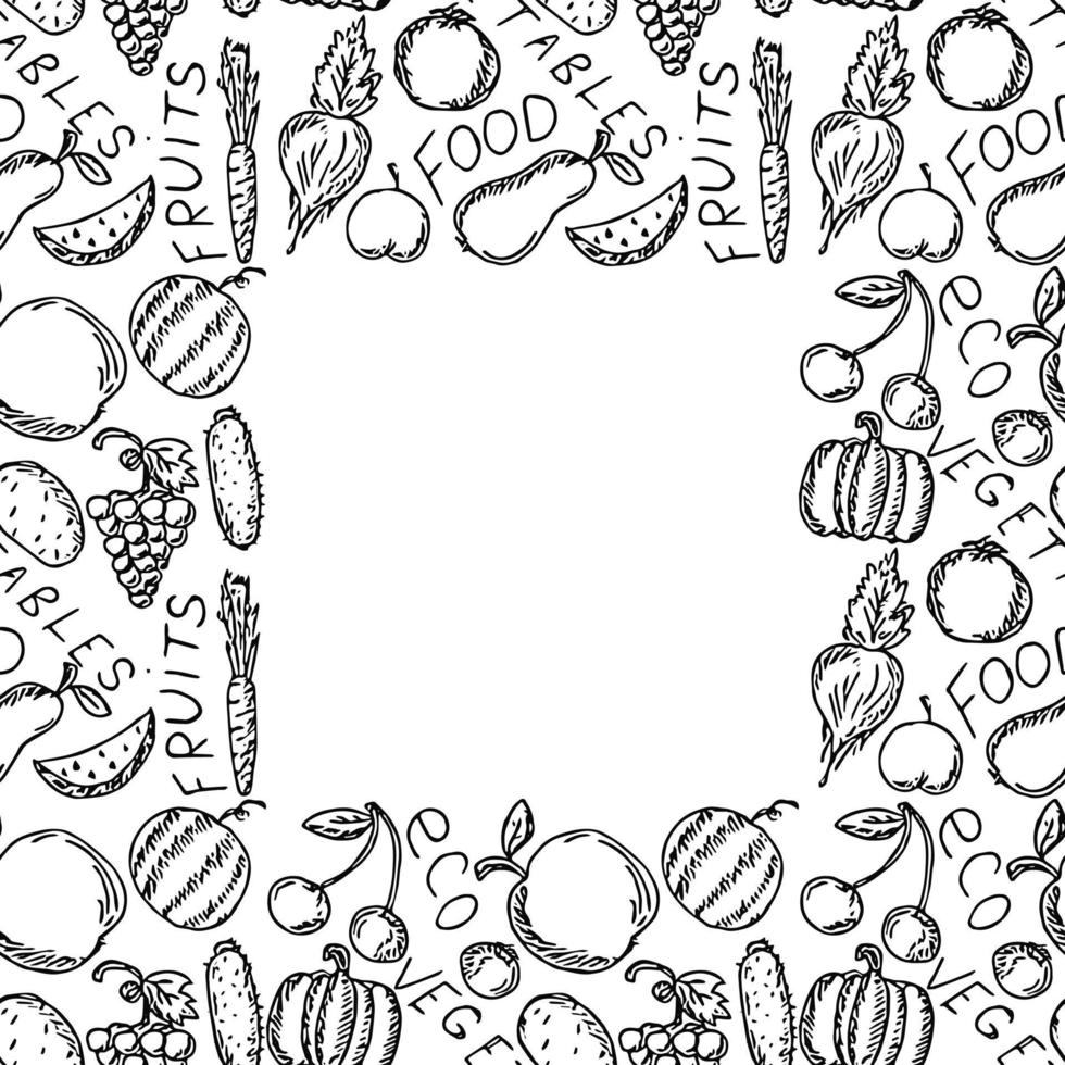 padrão de comida vegetariana perfeita com lugar para texto. doodle vector com ícones de comida vegetariana em fundo branco. ícones de comida vintage