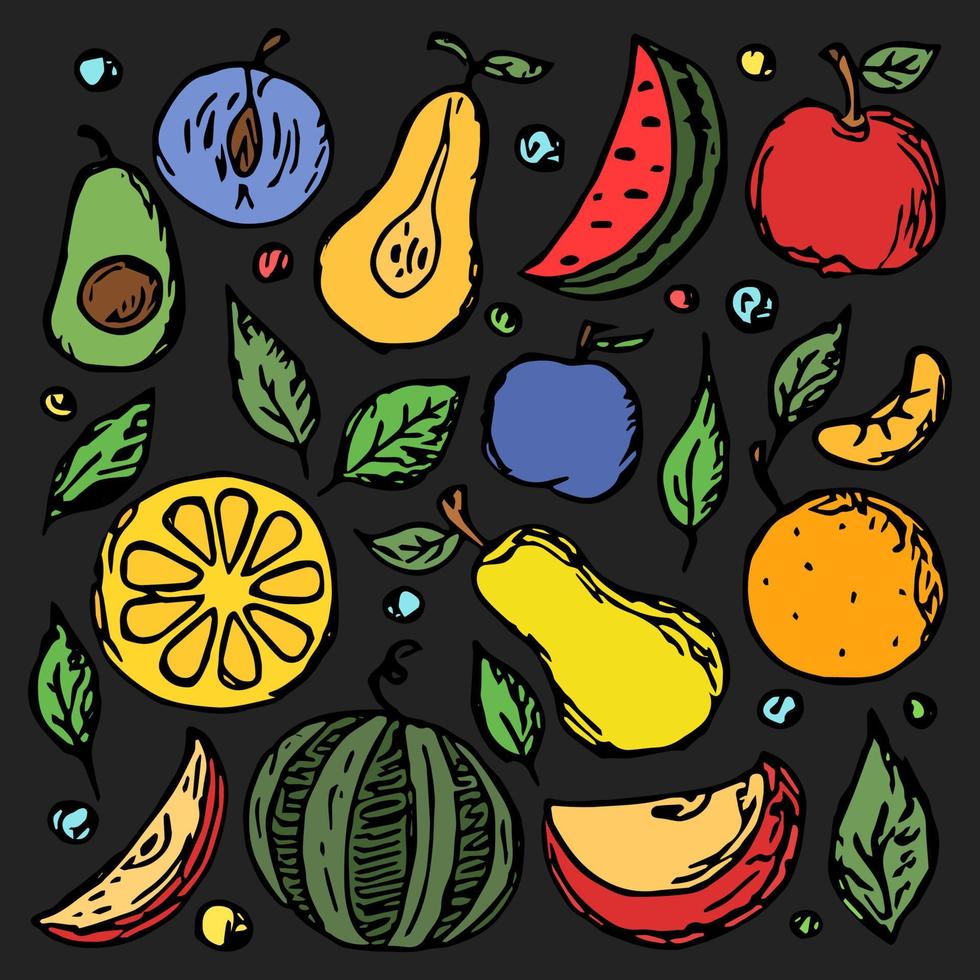 ícones de frutas. ilustração vetorial de doodle colorido com fundo de frutas de ícones de frutas vetor