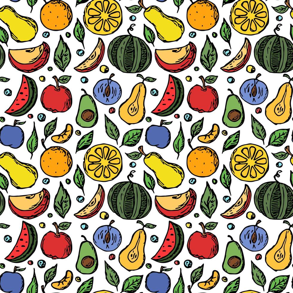 fundo de doodle colorido padrão de frutas sem costura com fundo de frutas de ícones de frutas vetor