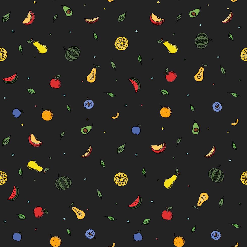 fundo de doodle colorido padrão de frutas sem costura com fundo de frutas de ícones de frutas vetor