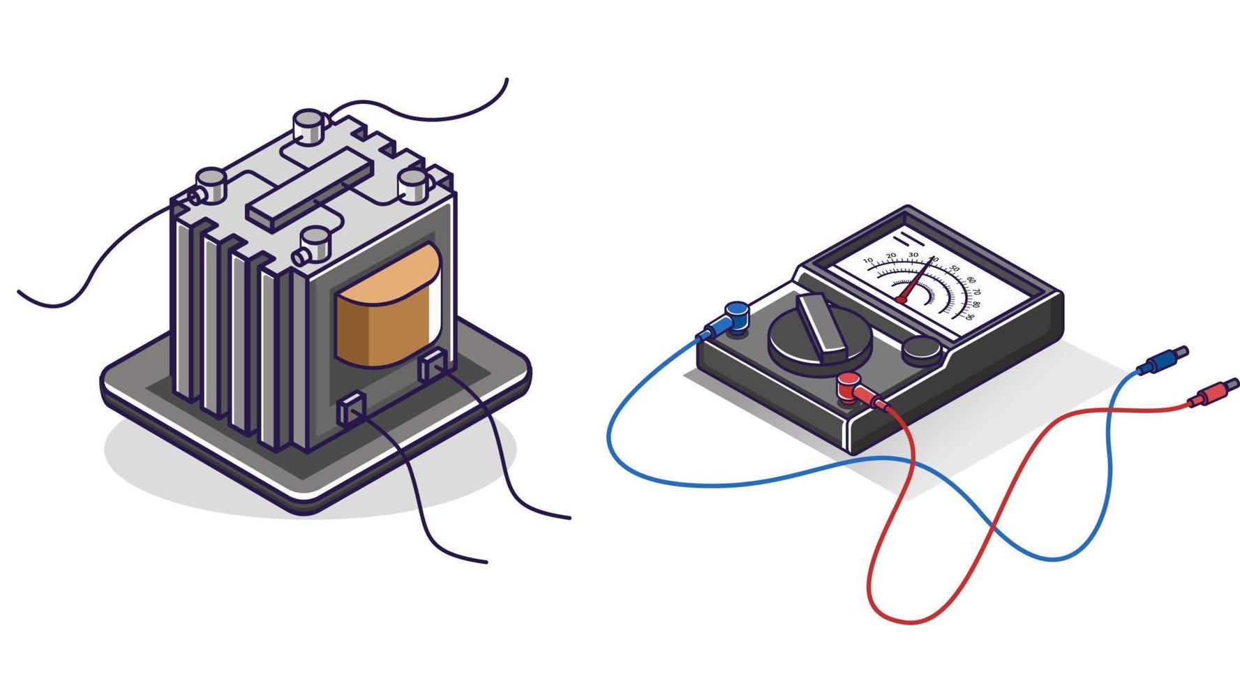 ilustração de conceito isométrico plana. conjunto de pacotes de ícones de energia avo medidor e transformador elétrico vetor