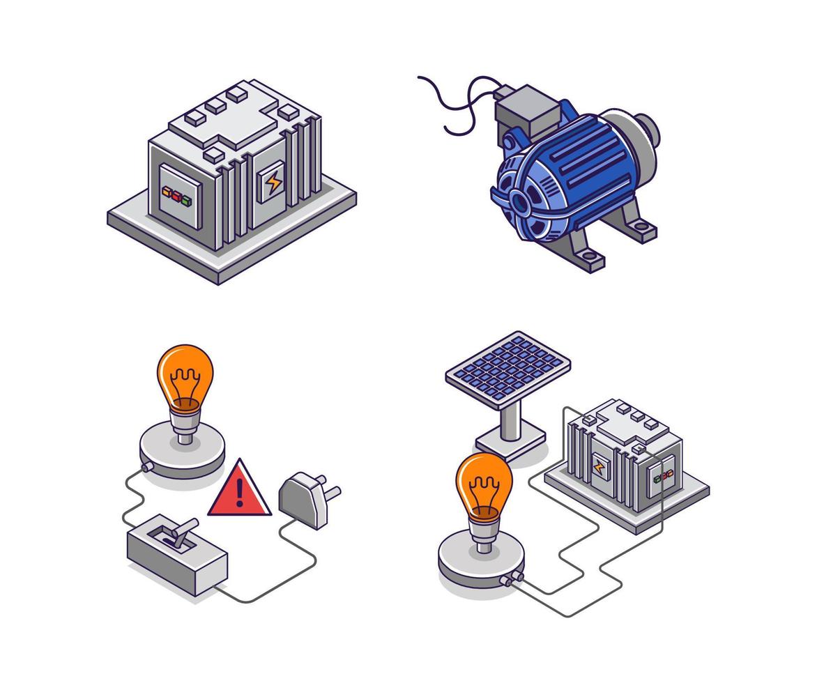 ilustração de conceito isométrico plana. pacote conjunto ícone painel elétrico industrial de negócios de energia solar vetor