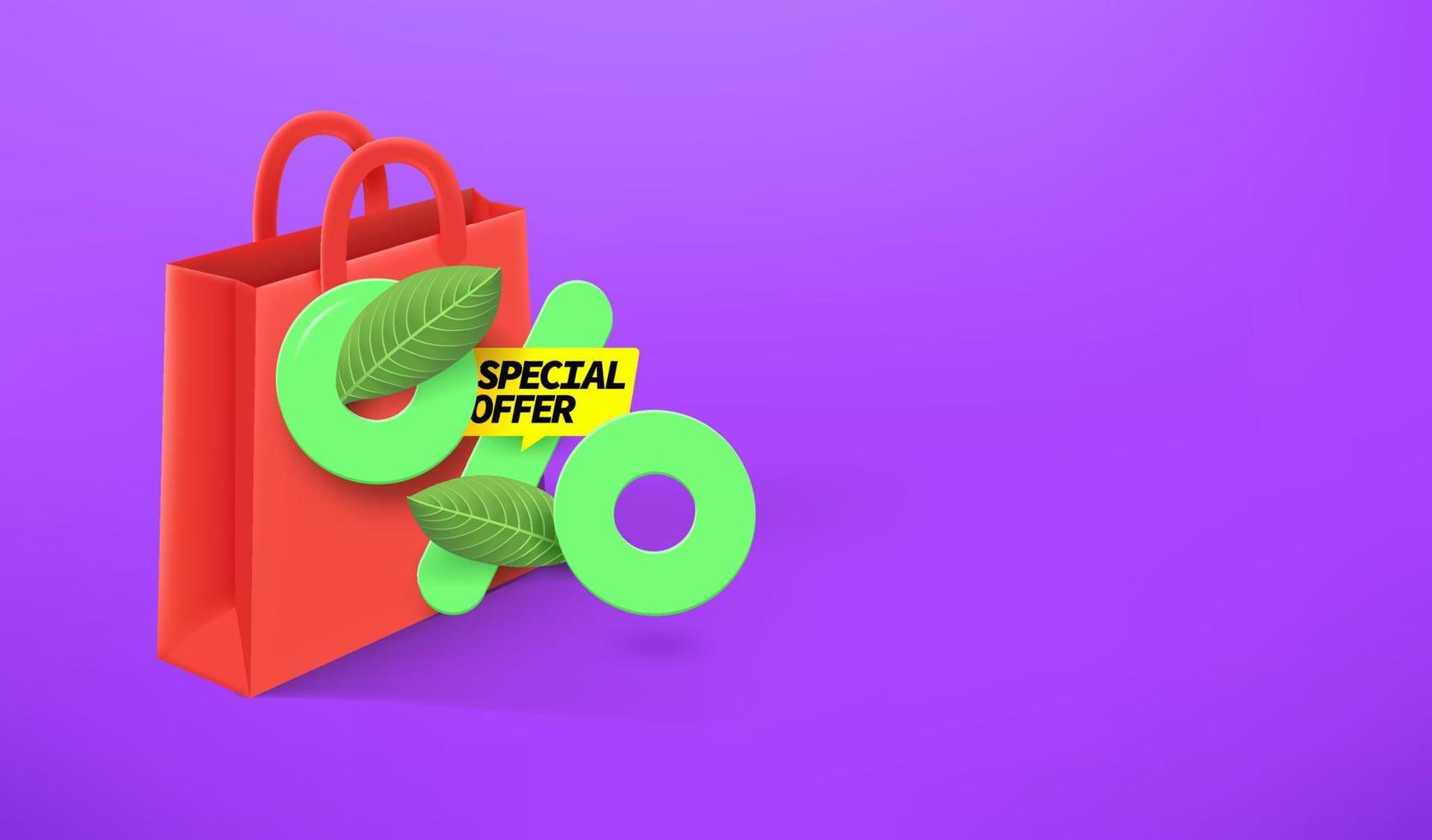 banner de venda de temporada com folhas e sinal de porcentagem. conceito de oferta especial. banner de vetor 3D com espaço de cópia