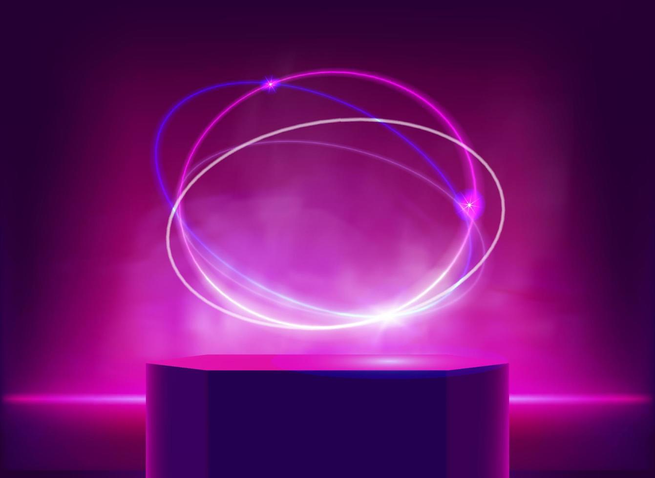 estúdio violeta iluminado com luz neon, portal e pódio. ilustração vetorial 3D vetor