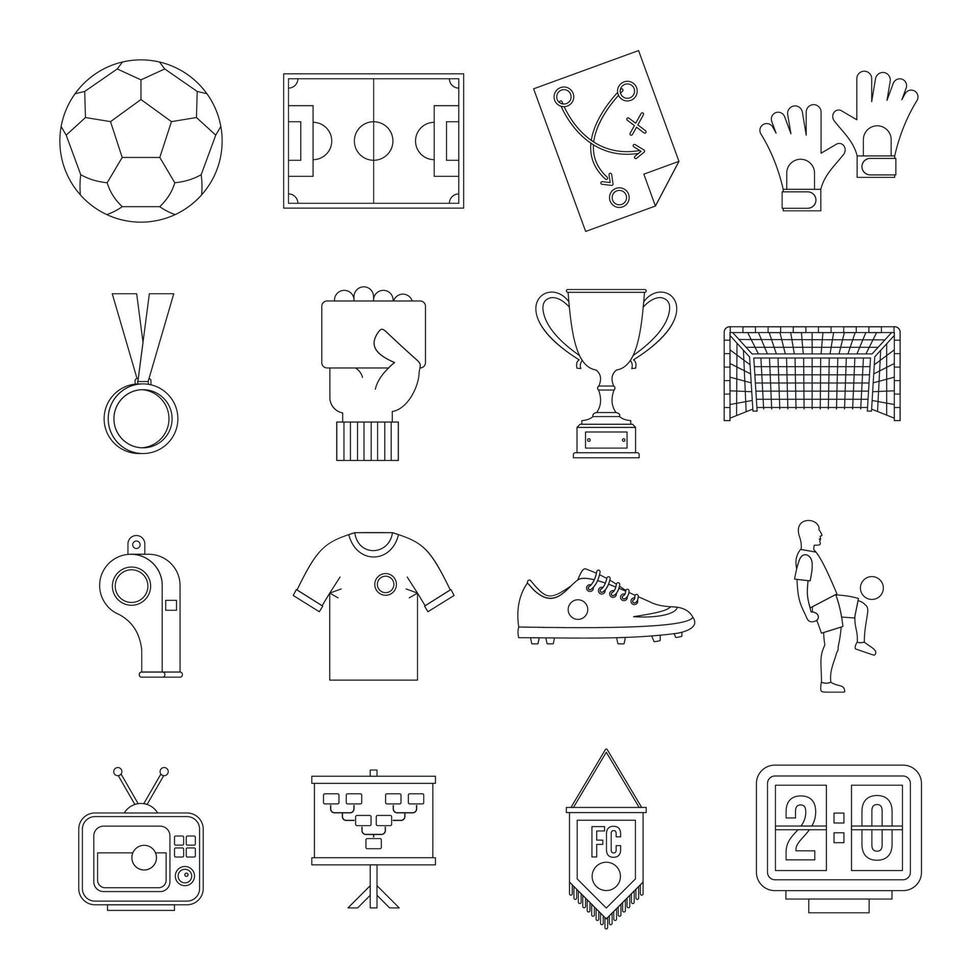 conjunto de ícones de futebol de futebol, estilo de estrutura de tópicos vetor