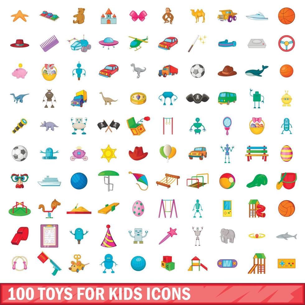 100 brinquedos para crianças conjunto de ícones, estilo cartoon vetor
