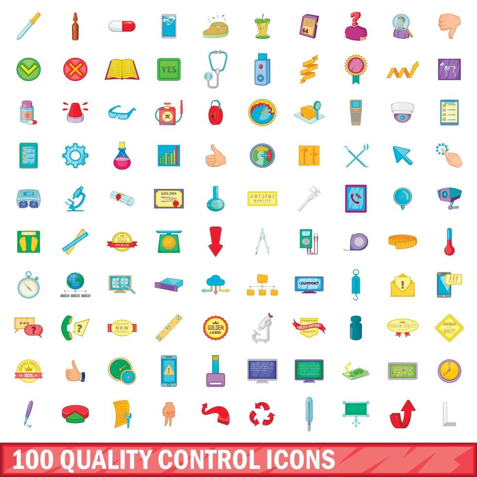 conjunto de 100 ícones de controle de qualidade, estilo cartoon vetor