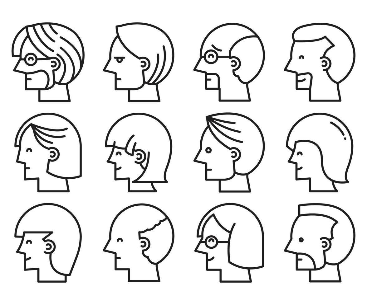 ícones de linha de avatares de perfil de rosto masculino e feminino vetor