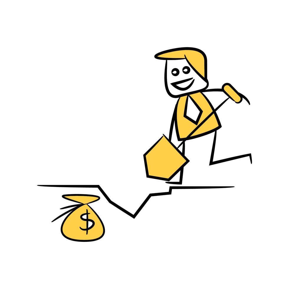 empresário cavando e encontrando ilustração de boneco amarelo de saco de dólar vetor