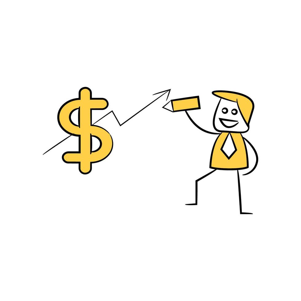 empresário escrevendo gráfico e dólar dinheiro ilustração de boneco amarelo vetor