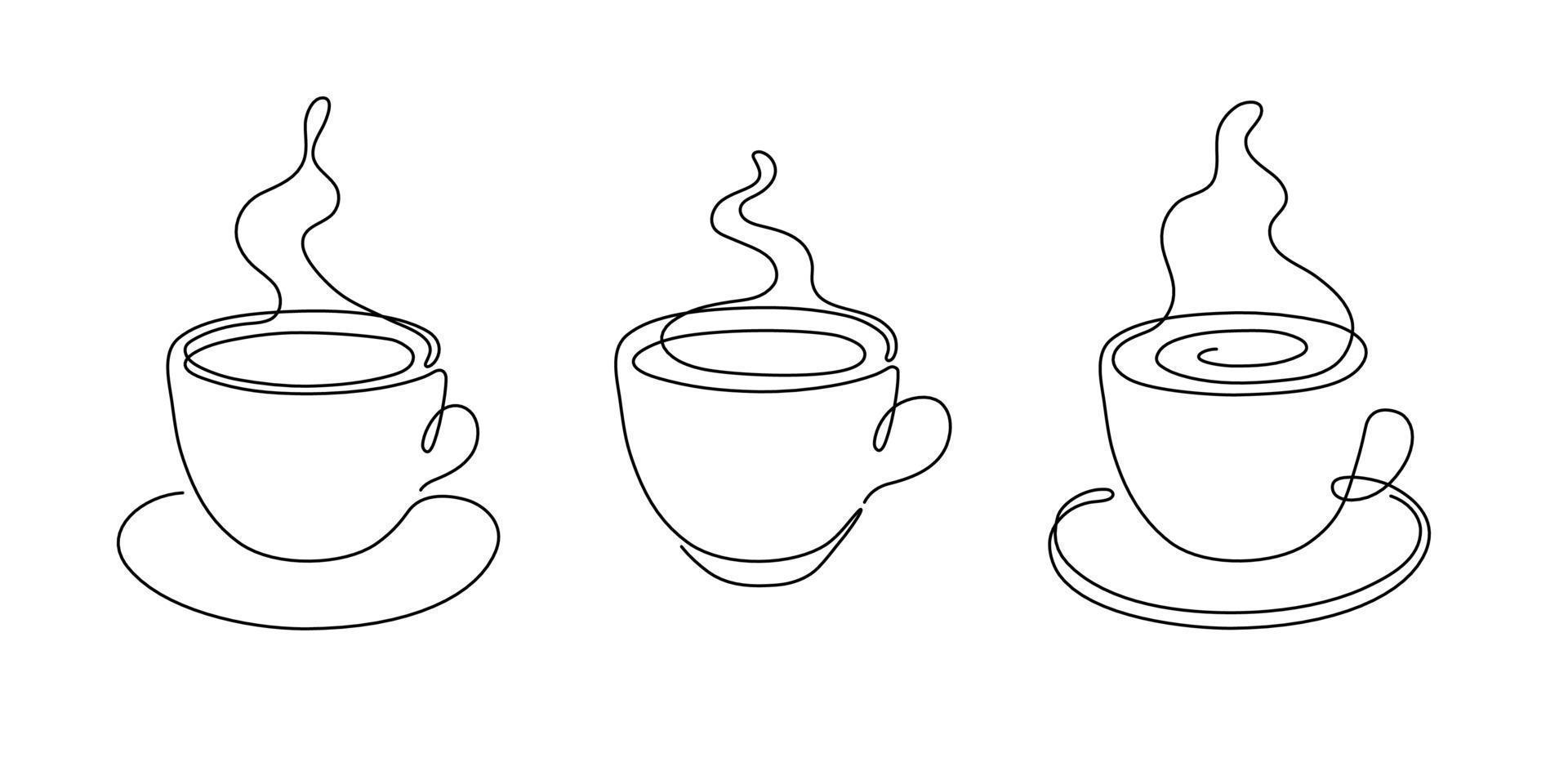 xícara de café ou chá, um único desenho de linha contínua. caneca linda de contorno abstrato simples com bebida a vapor. ilustração vetorial vetor