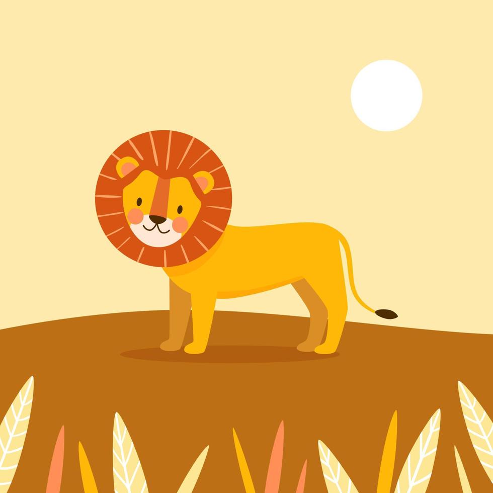 leão bonito dos desenhos animados com grande juba laranja e cauda longa fica na colina de savana. ilustração vetorial kawaii de gato selvagem africano para cartões infantis, estampas, cartazes vetor