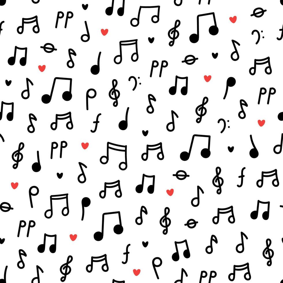 padrão sem emenda com notas musicais pretas sobre fundo branco. ilustração de pano de fundo vetorial desenhada à mão em estilo doodle vetor