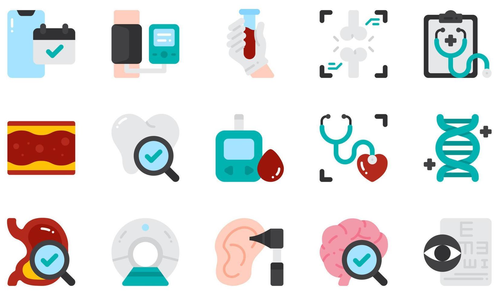 conjunto de ícones vetoriais relacionados ao exame de saúde. contém ícones como consulta, pressão arterial, exame de sangue, check-up, verificação do coração, exame oftalmológico e muito mais. vetor