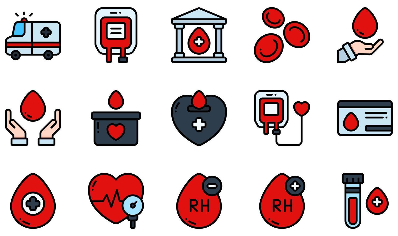 conjunto de ícones vetoriais relacionados à doação de sangue. contém ícones como bolsa de sangue, banco de sangue, doação de sangue, cartão de doador de sangue, gota de sangue, pressão arterial e muito mais. vetor
