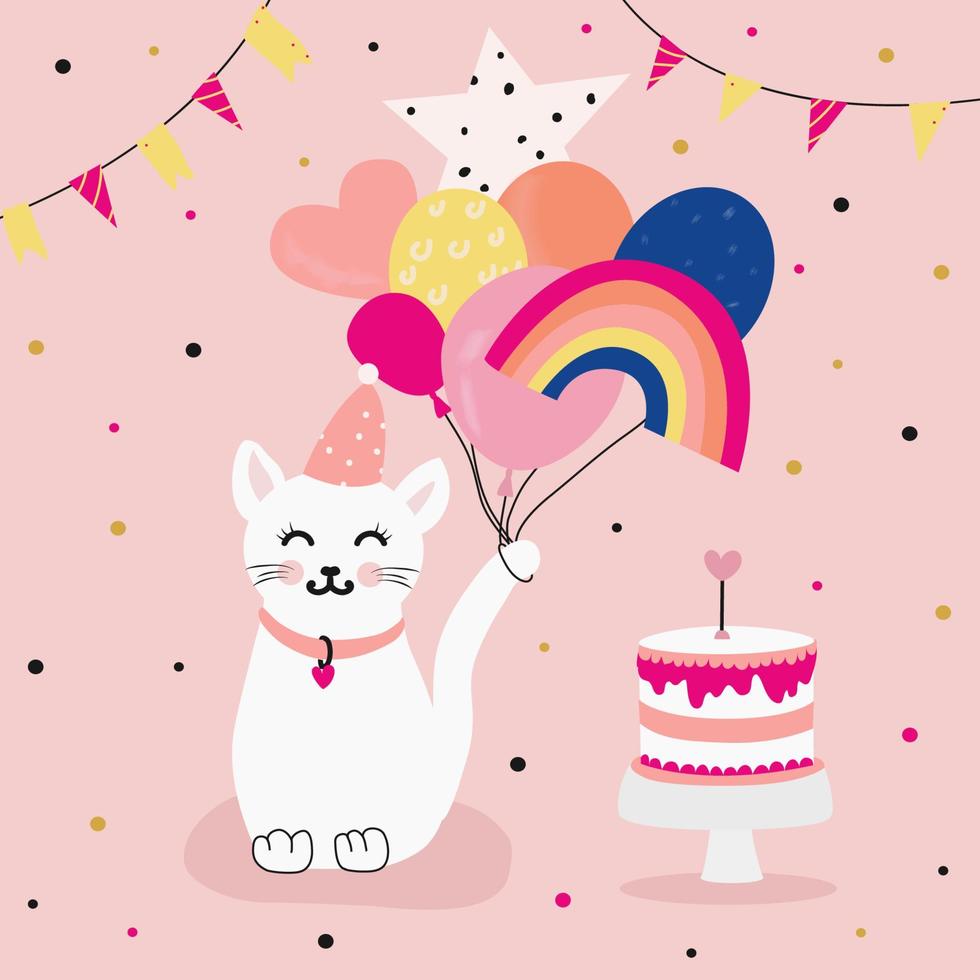 feliz aniversário cartão gato com bolo e balões, ilustração vetorial vetor