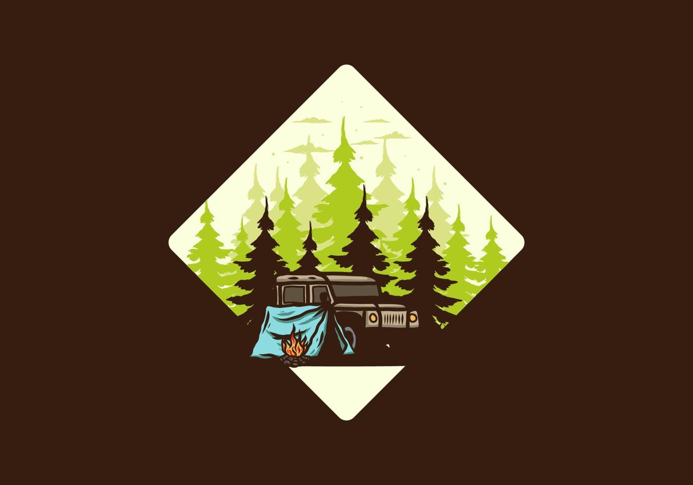 acampar ao lado do carro na ilustração da floresta vetor