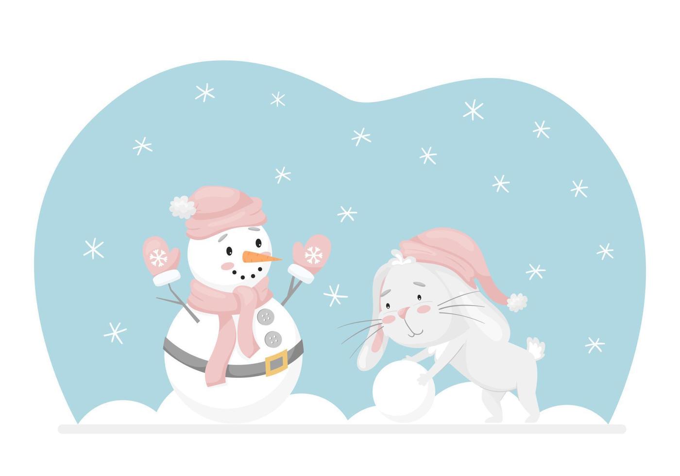 coelho rola uma bola de neve, faz um boneco de neve. atividade divertida de inverno. personagem adorável em tons pastel. crianças projetam para cartões, roupas, web design. ilustração vetorial infantil em um fundo branco vetor