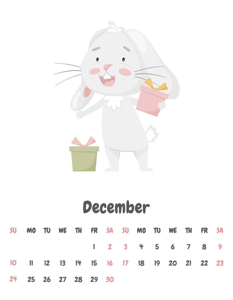 página do calendário para o mês de dezembro de 2023 com um coelho feliz e fofo segurando caixas de presente. adorável animal, um personagem em tons pastel. calendário infantil. ilustração vetorial em um fundo branco. vetor