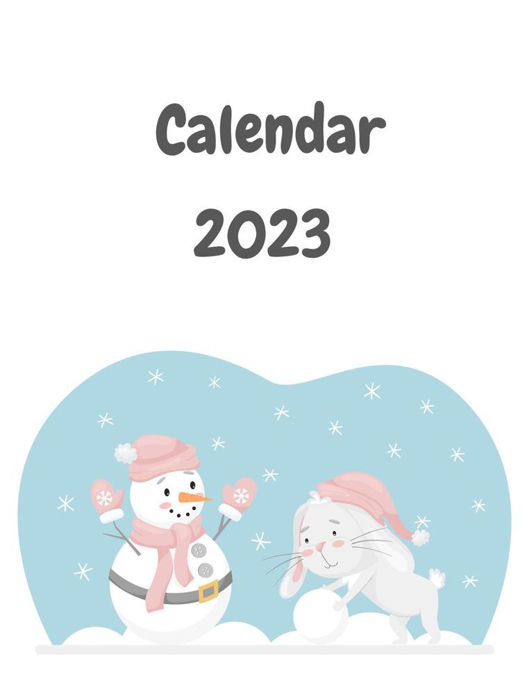 a capa do calendário para 2023 com um coelho fofo, o símbolo chinês do ano. coelho rola uma bola de neve, faz um boneco de neve. atividade divertida de inverno. ilustração vetorial infantil em um fundo branco vetor