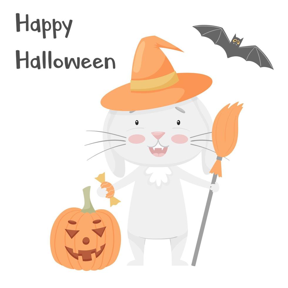 lindo coelho sorridente com um chapéu, com uma vassoura e uma abóbora de halloween. adorável animal, personagem em tons pastel. projeto infantil. para cartões, roupas, estampa de camiseta. ilustração vetorial isolada em branco vetor