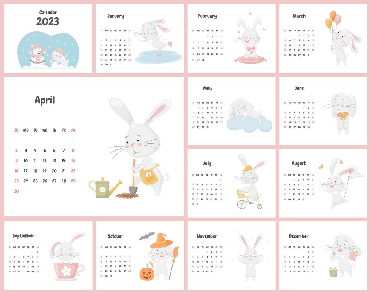 todas as páginas do calendário para 2023 com um personagem de coelho fofo, o símbolo chinês do ano. um conjunto de ilustrações com um personagem infantil em tons pastel. vetor em um fundo branco.