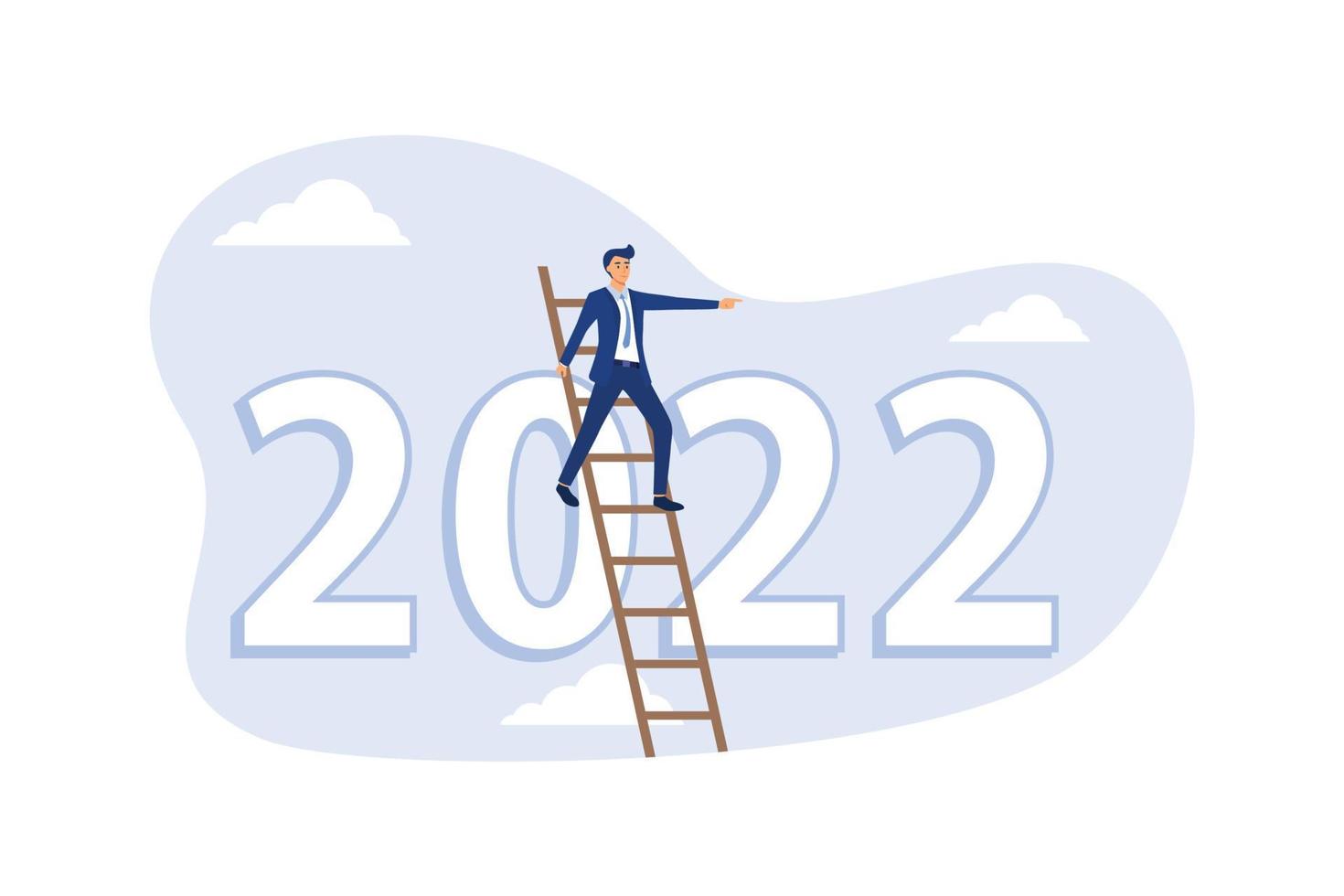 perspectivas econômicas do ano 2022, previsão ou visionário para ver o futuro à frente, desafio e conceito de oportunidade de negócio, empresário inteligente subir escada para ver pelo telescópio no número do ano 2022. vetor