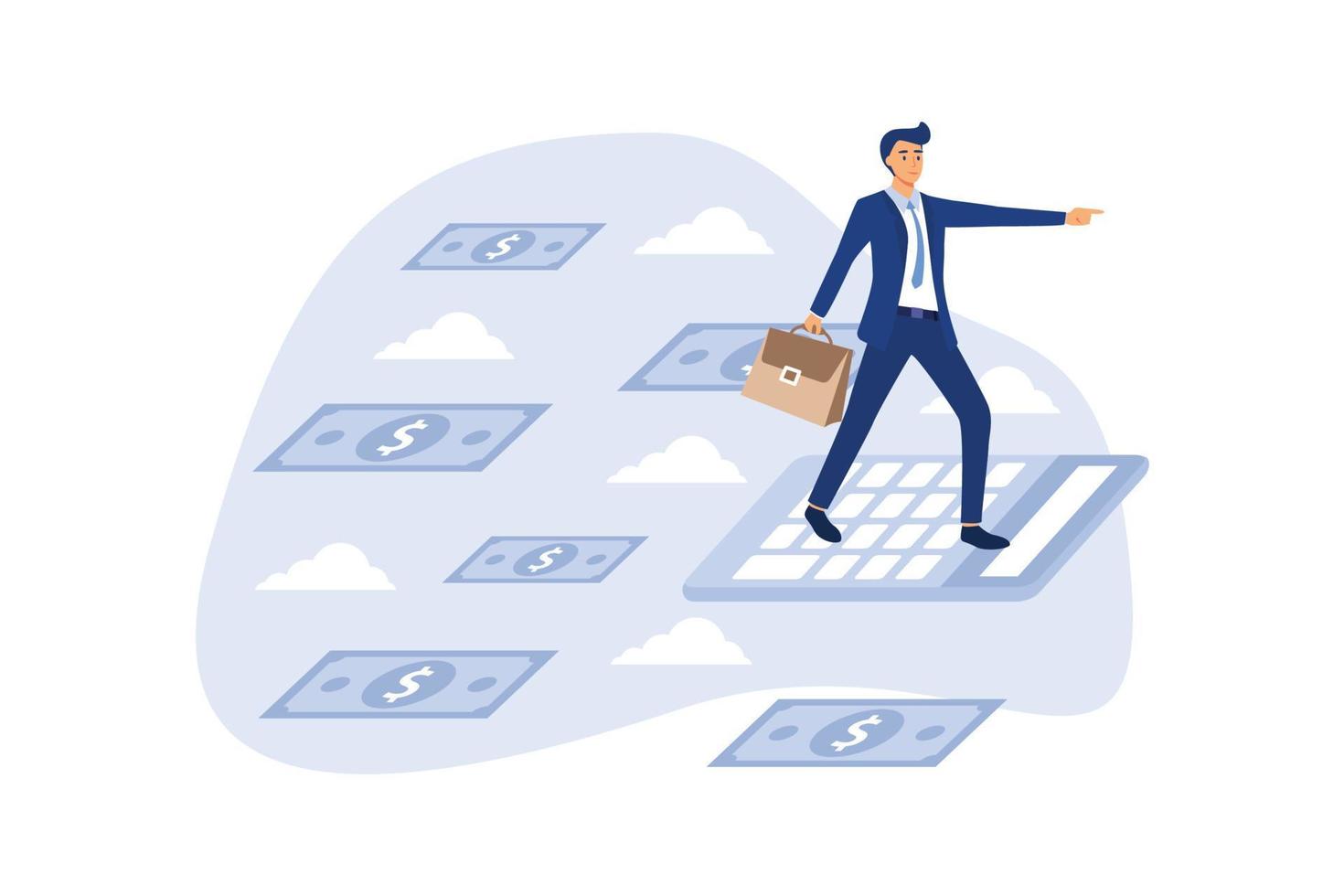 empresário voando com papel-moeda e nuvens sobre fundo azul. ilustração vetorial. conceito de negócios. vetor