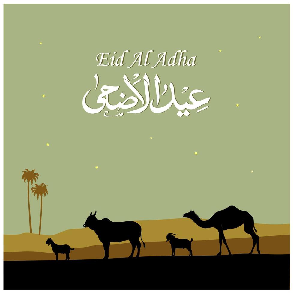 ilustração vetorial eid. feriado muçulmano eid al-adha. o sacrifício bode, ovelha, vaca e camelo. animal de silhueta. texto em árabe de decoração de design gráfico. tradução do árabe, eid al adha vetor