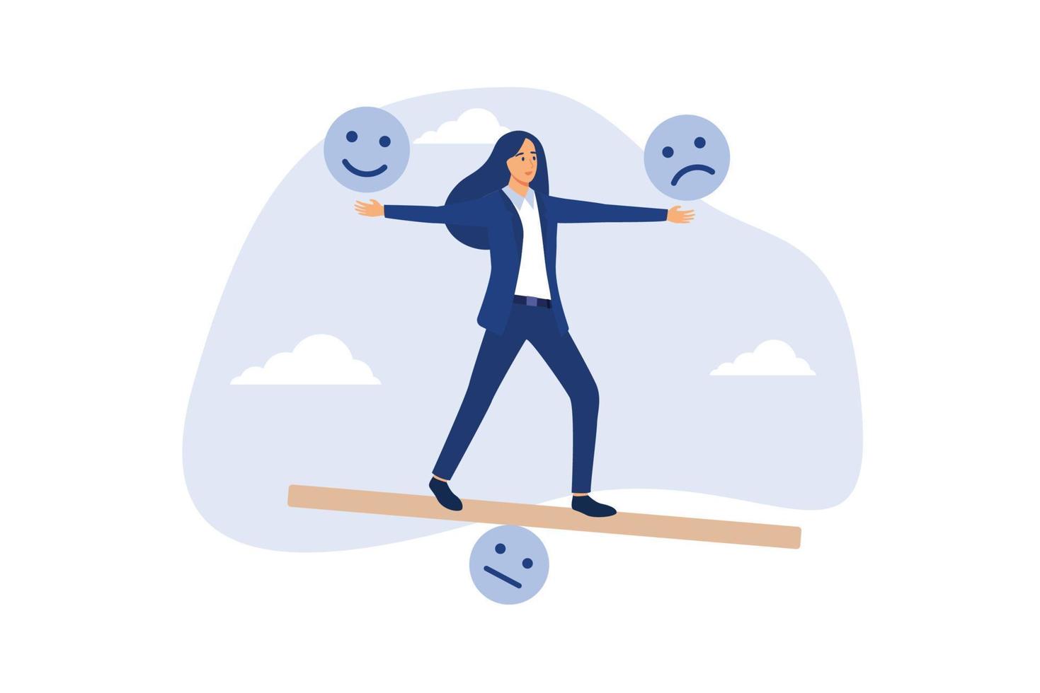 inteligência emocional, sensação de controle de emoções de equilíbrio entre trabalho estressado ou tristeza e conceito de estilo de vida feliz, mulher calma consciente usando a mão para equilibrar o sorriso e o rosto triste. vetor