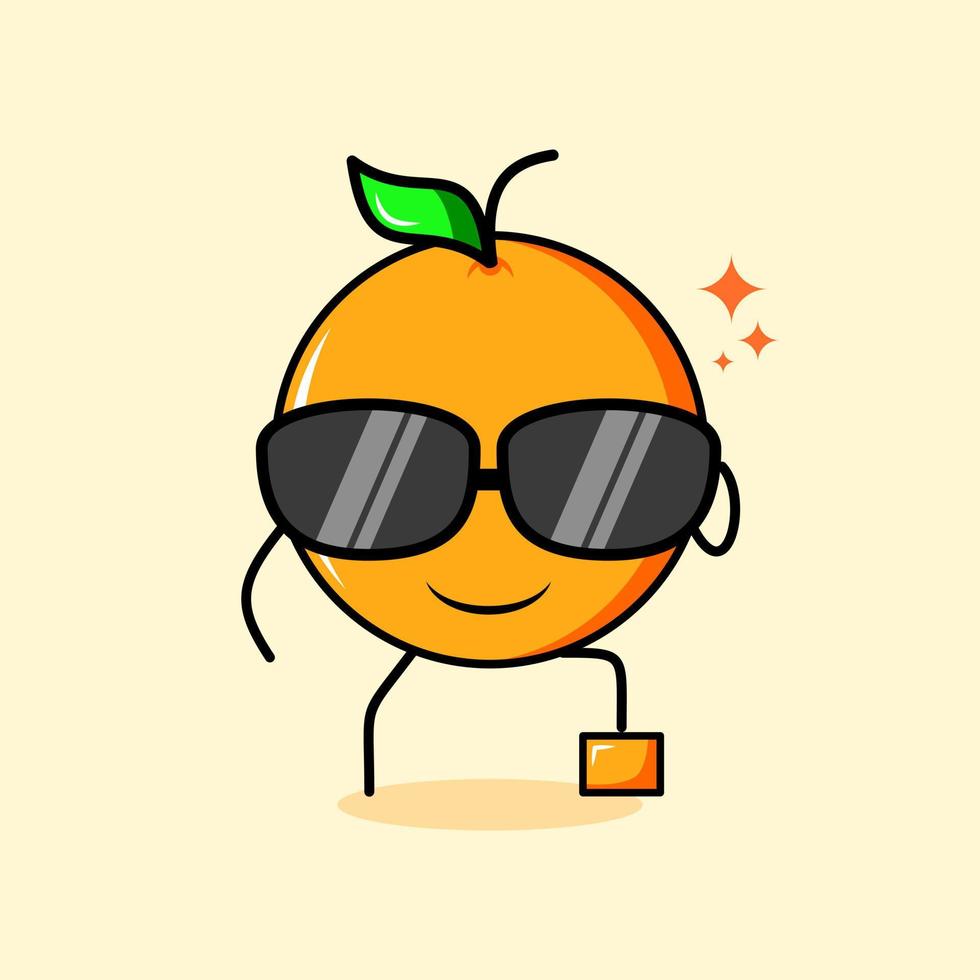 personagem laranja fofa com expressão de sorriso, óculos pretos, uma perna levantada e uma mão segurando os óculos. verde e amarelo. adequado para emoticon, logotipo, mascote ou adesivo vetor