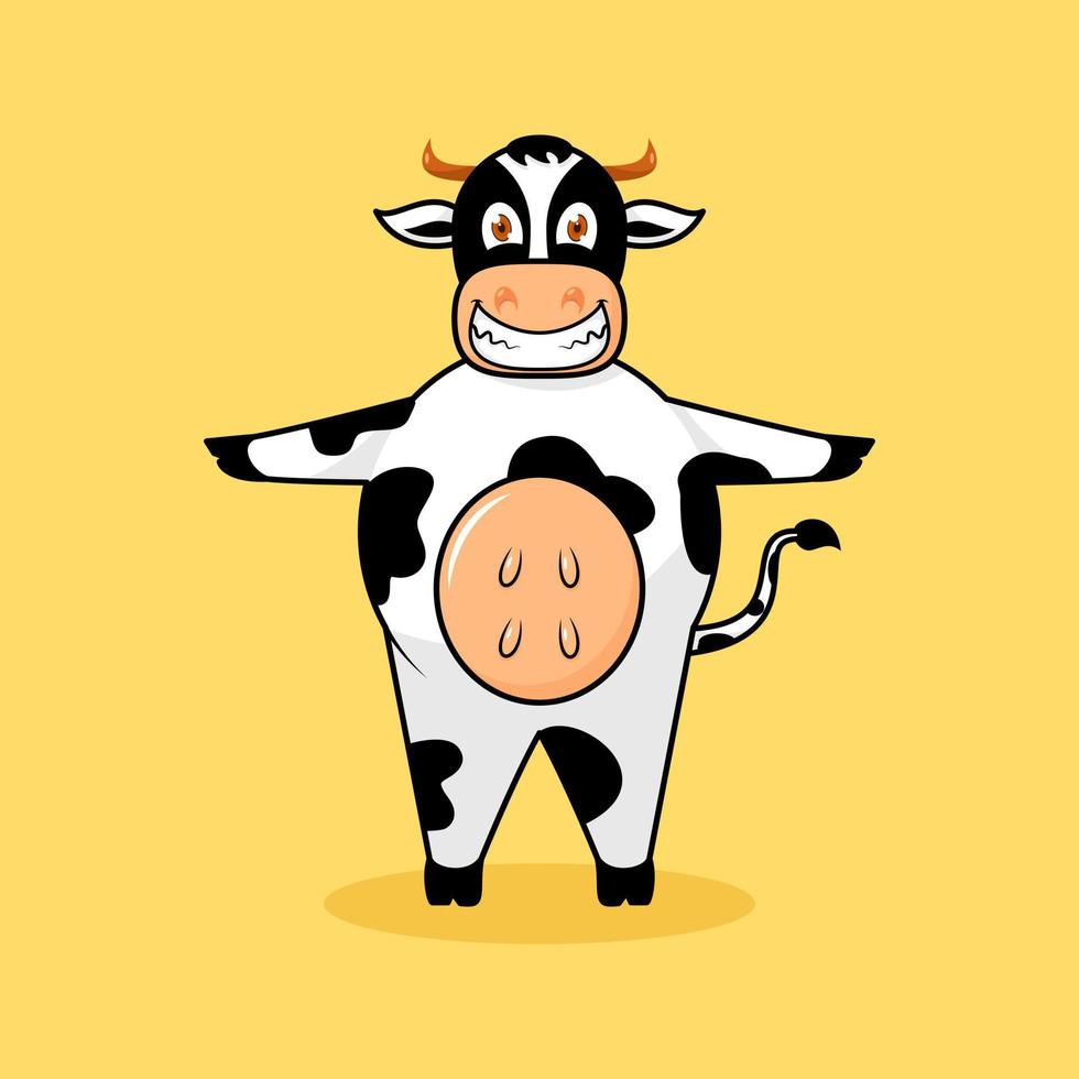 vaca bonita em pé e mãos estendidas com expressão de sorriso. estilo de desenho animado, mascote, animal e personagem. laranja, preto e branco. adequado para logotipo, ícone, símbolo, design de camiseta e sinal vetor