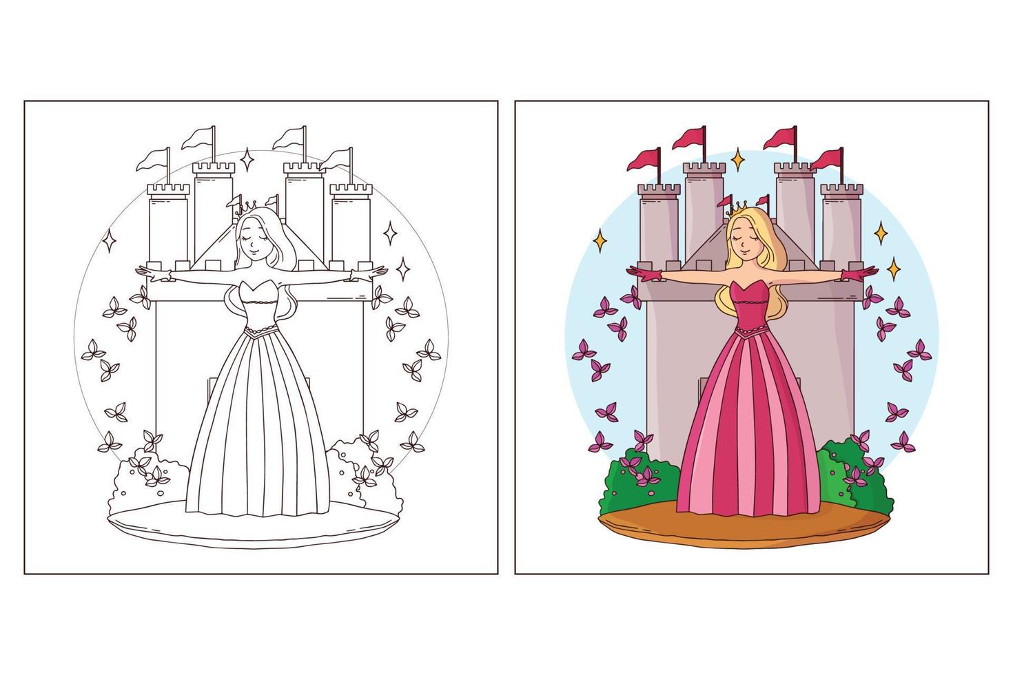 príncipes fofos desenhados à mão para colorir página 7 vetor