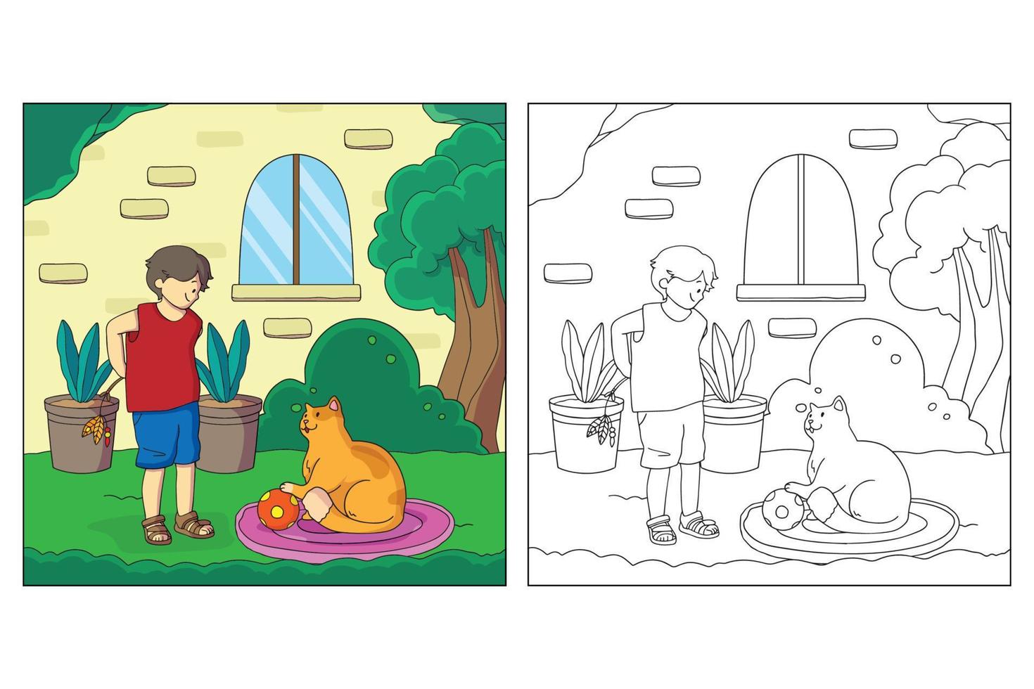 desenho de criança e animal de estimação desenhados à mão para colorir vetor