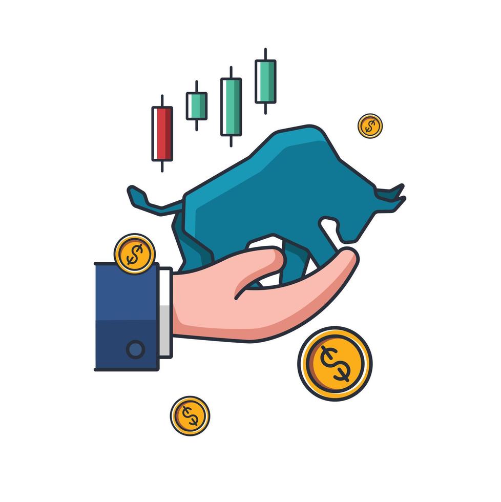 coleção ícone fino colorido de negociação de mercado de touro na mão, gráfico, moedas de dinheiro, ilustração vetorial de conceito de negócios e finanças vetor