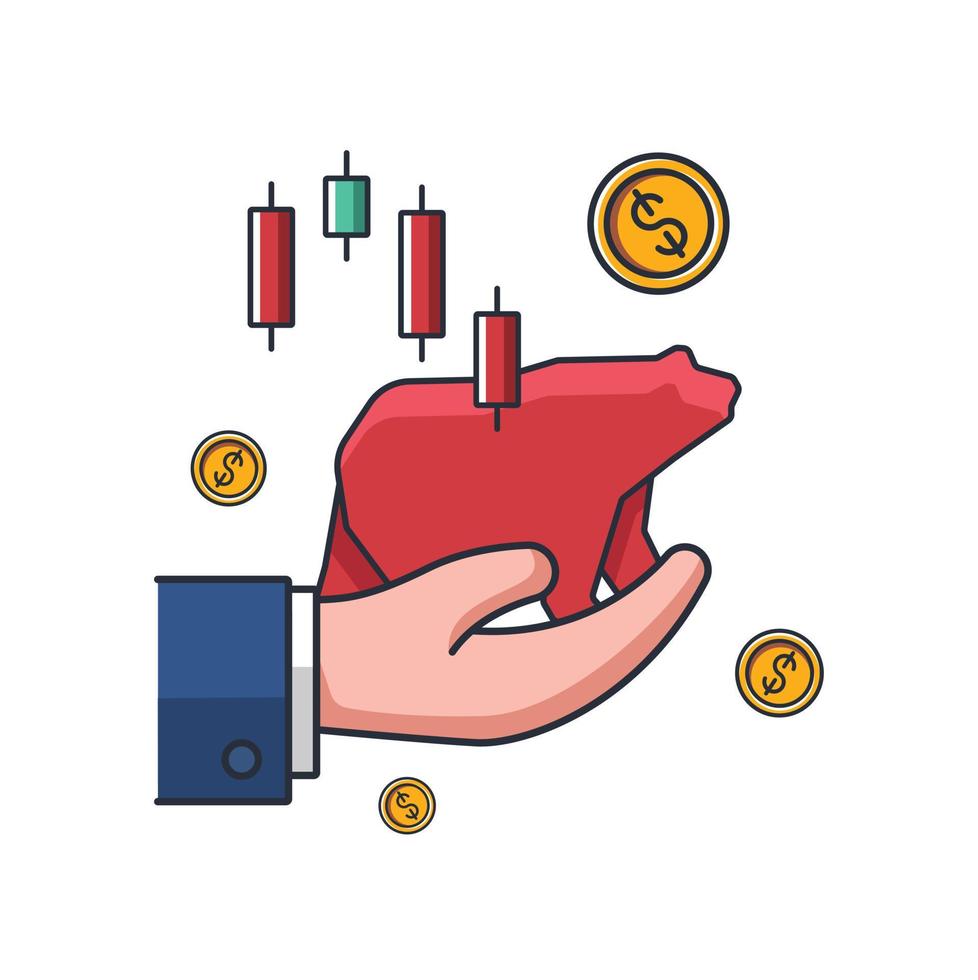 coleção ícone fino colorido de negociação de mercado de urso na mão, gráfico, moedas de dinheiro, ilustração vetorial de conceito de negócios e finanças vetor