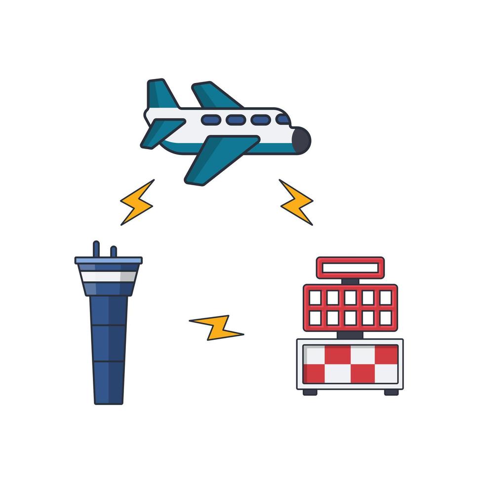coleção ícone fino colorido de comunicação de aviação, avião, radar, torre atc, ilustração vetorial de conceito de transporte ou tecnologia. vetor