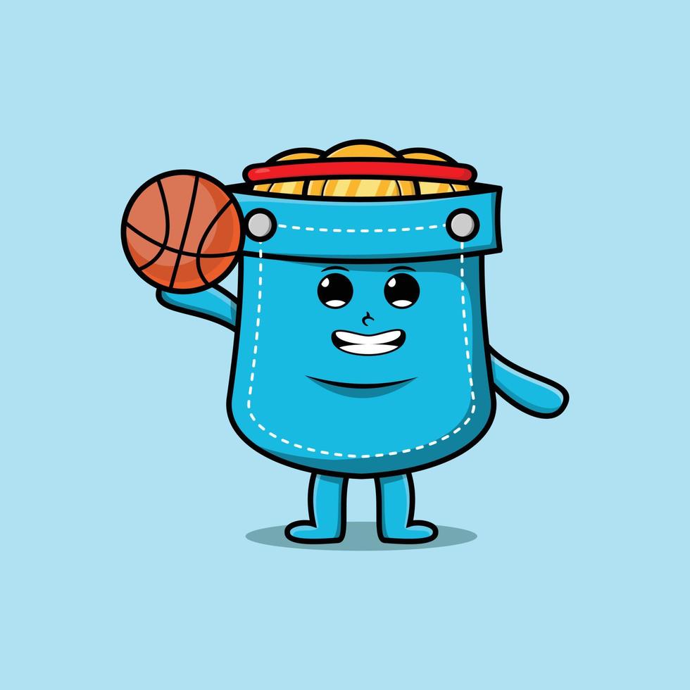 personagem de bolso de desenho bonito jogando basquete vetor