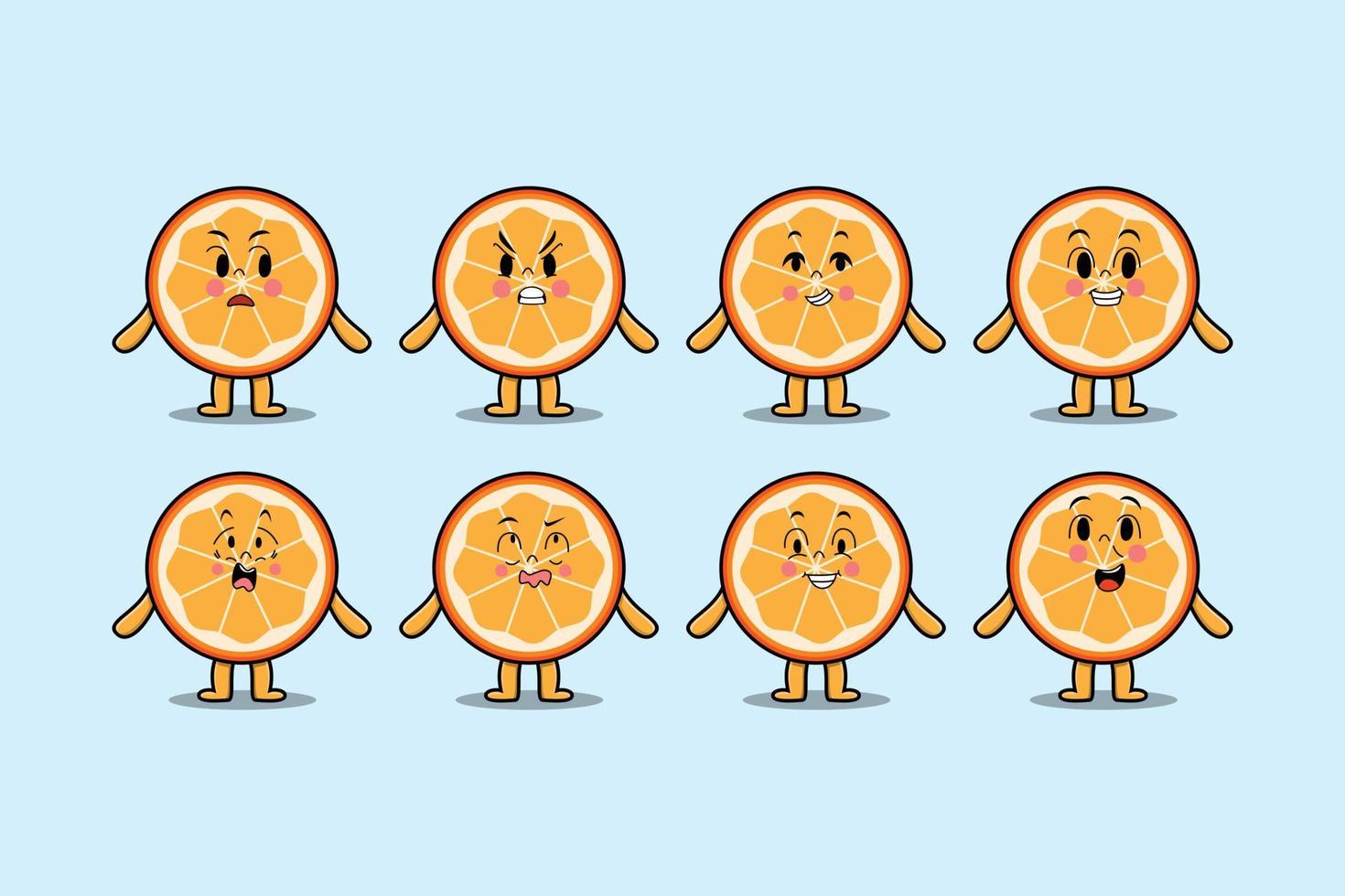 definir desenhos animados de frutas laranja kawaii com expressões vetor